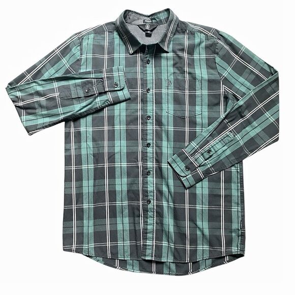 Volcom Shirt Green Gray Plaid Button Down Modern Fit Large - Picture 1 of 8